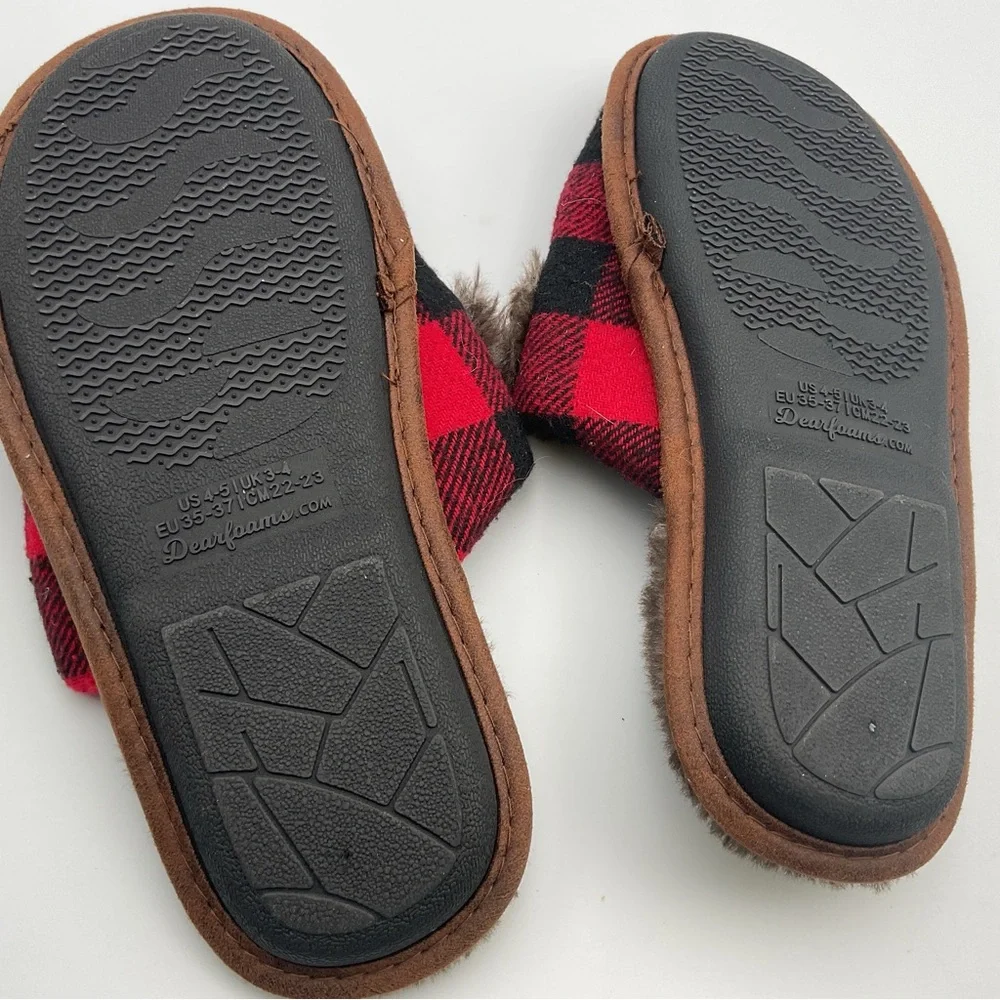 Dear Foams Slippers Youth 4-5 Womens 5.5 Buffalo Check Lil Bear Mule Flats Red